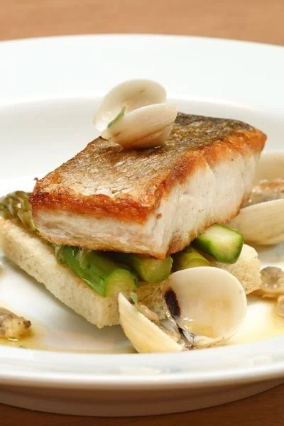 Seared fish with clams and seasonal green asparagus arranged on fine tableware
