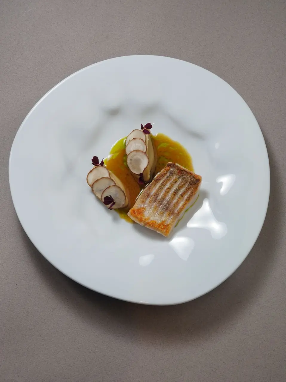 Artisanal seared fish with delicate emulsion and microgreens