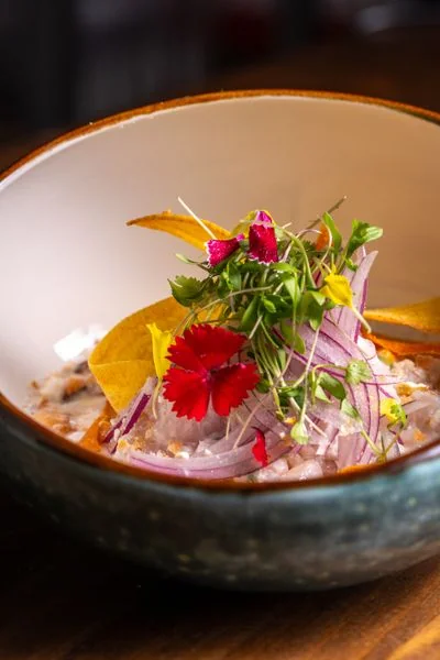 Carefully dressed chilled seafood starter with microgreens