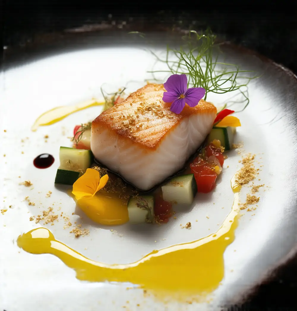 Delicate salmon preparation garnished with edible blossoms and herbs
