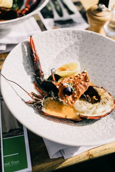 Overhead presentation of seasonal seafood dish on contemporary dining table